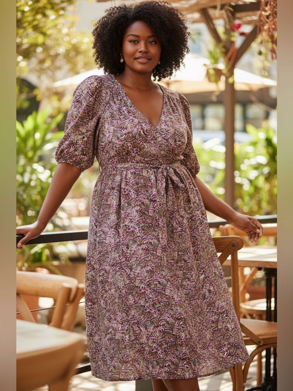 Terra & Sky 2XL Purple Floral Paisley Midi Dress V-Neck Tie Waist Puff Sleeve